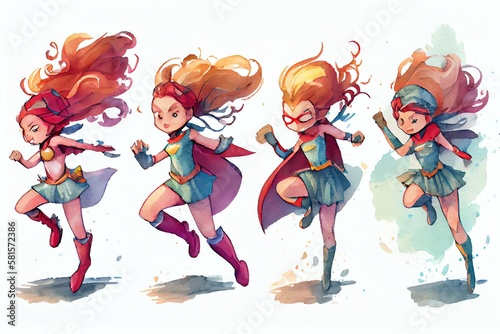 Wallpaper Mural Watercolor Illustration of a Set Of Cute Cartoon Illustrations Of A Girl Superhero. Generative AI Torontodigital.ca