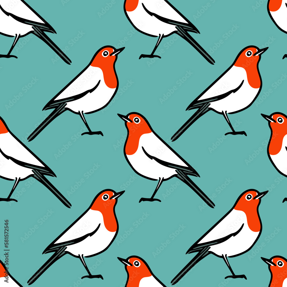 Vector seamless pattern with hand drawn cute robins. Ink drawing, beautiful animal design elements. Perfect for prints and patterns Vector seamless pattern with hand drawn cute robins. Ink drawing, beautiful animal design elements. Perfect for prints and patterns