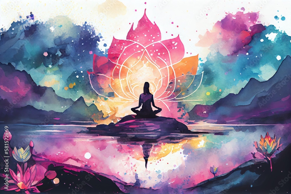 Watercolor Illustration of a Yoga In The Lotus Position On Beautiful Fantasy Colorful Background. Generative AI - obrazy, fototapety, plakaty 
