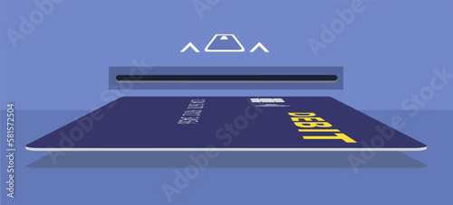 A debit card is seen with the card insert slot on an ATM or a chip reading check out system in this 3-d illustration.