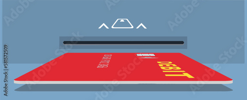 A debit card is seen with the card insert slot on an ATM or a chip reading check out system in this 3-d illustration.