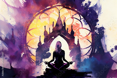 Watercolor Illustration of a Yoga In The Lotus Position On Beautiful Fantasy Colorful Background. Generative AI