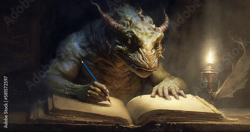 Marginalia beast with a pen writing in a fantasy book by candle light.  photo