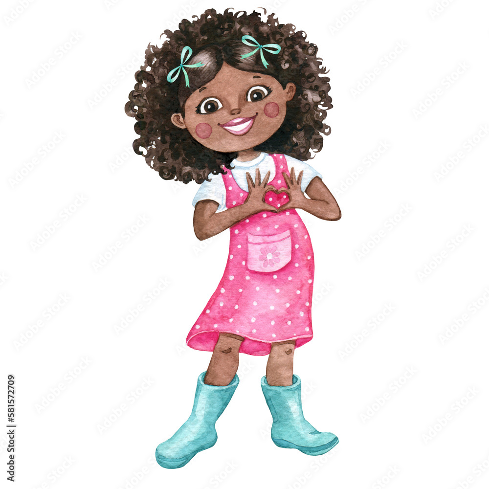 A cute little girl with hands in heart shape , watercolor illustration A cute little girl with hands in heart shape , watercolor illustration