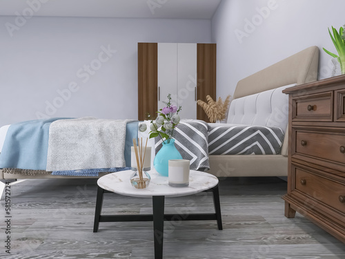 Bedroom interior design 3d render, 3d illustration