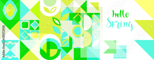 Abstract modern geometric green-yellow-blue banner with the inscription "hello Spring"