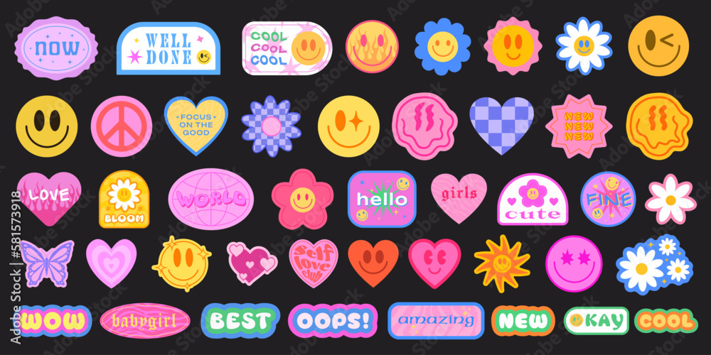 Cool Y2K Stickers Vector Pack. Set of Trendy Groovy Patches. Pop Art ...