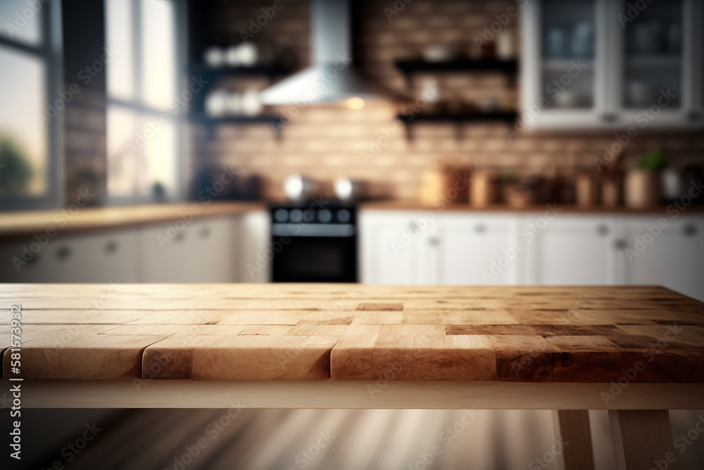 Table top on defocused kitchen background. Ai generative illustration