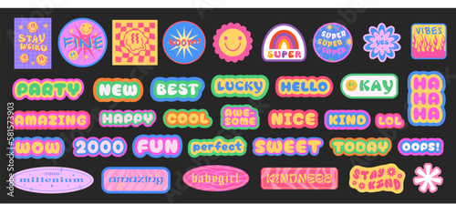 Cool Y2K Stickers Vector Pack. Set of Trendy Groovy Patches. Pop Art Smile Emoji Labels. Vaporwave 2000s Graphics. photo