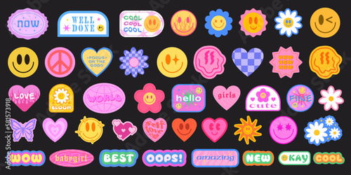 Cool Y2K Stickers Vector Pack. Set of Trendy Groovy Patches. Pop Art Smile Emoji Labels. Vaporwave 2000s Graphics.