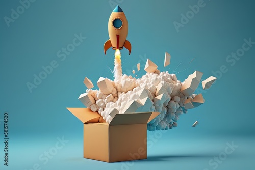 Rocket taking off from cardboard box on blue background, 3D illustration, Generative ai