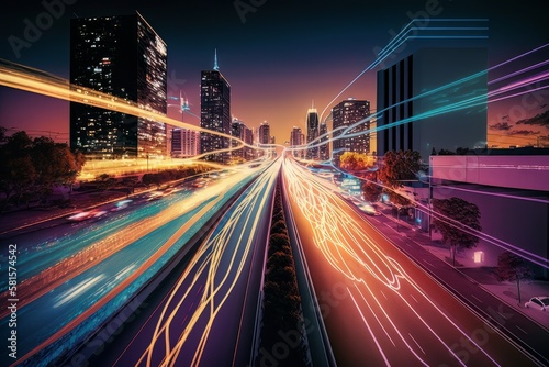 Smart digital city with high speed light trail of cars of digital data transfer ai generated