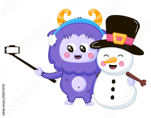 Funny Yeti mascot character with snowman taking selfie by using stick, winter themed cute cartoon style illustration for children