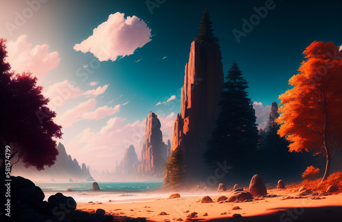 a large body of water surrounded by rocks and trees, gorgeous digital art