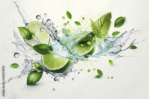 Fresh limes, mint leaves, ice cubes and water splashes, isolated on white background. Generative ai