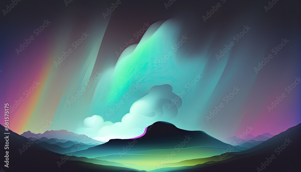 Calm, yet colorful midcentury-style abstract landscape with mountains and glowing clouds. Generative AI.