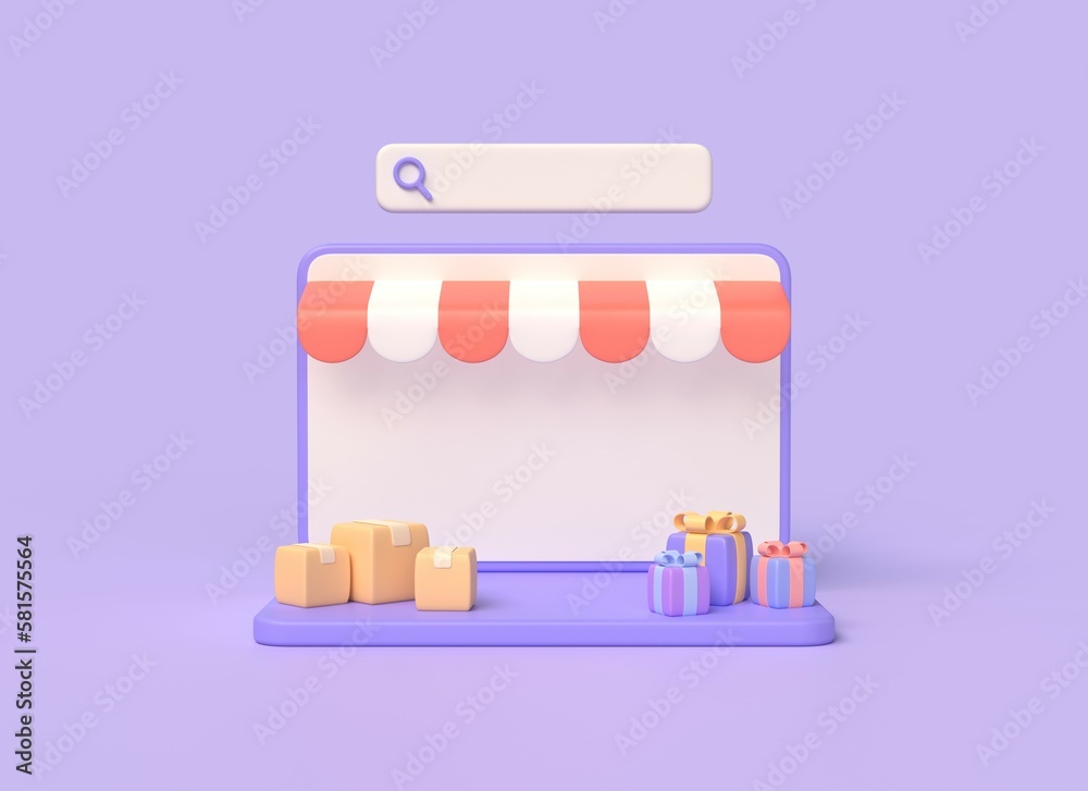 3d laptop, search bar, cardboard boxes for parcels, gift boxes. the concept of shopping in the online store and the delivery of goods. illustration isolated on purple background.3d rendering 3d laptop, search bar, cardboard boxes for parcels, gift boxes. the concept of shopping in the online store and the delivery of goods. illustration isolated on purple background.3d rendering