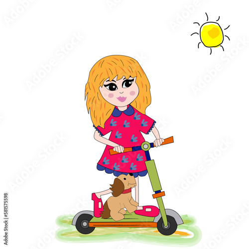 Chica con su perro montada en patinete.