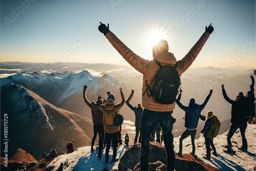 Vászonkép Teamwork and Adventure: Group of People Hiking Together in the Mountains