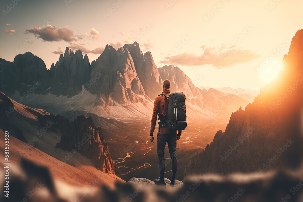 Conquering the Peaks: Inspiring Photo of a Hiker Pushing Through the Challenge of a Mountain Hike. Hiking. Background or wallpaper. Generative AI. Conquering the Peaks: Inspiring Photo of a Hiker Pushing Through the Challenge of a Mountain Hike. Hiking. Background or wallpaper. Generative AI.