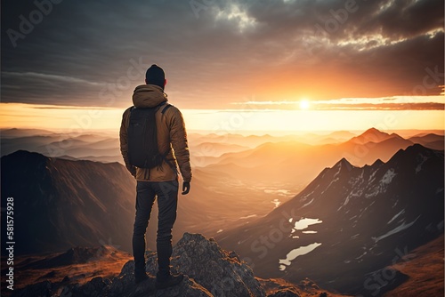 Conquering the Peaks: Inspiring Photo of a Hiker Pushing Through the Challenge of a Mountain Hike. Hiking. Background or wallpaper. Generative AI.