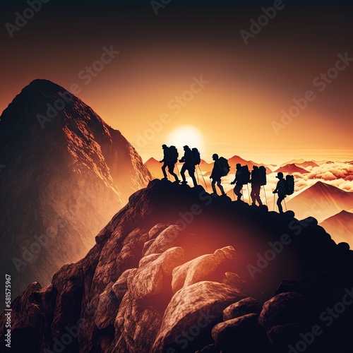  Teamwork and Adventure: Group of People Hiking Together in the Mountains. Mountain Hike. Hiking. Background or wallpaper. Generative AI.