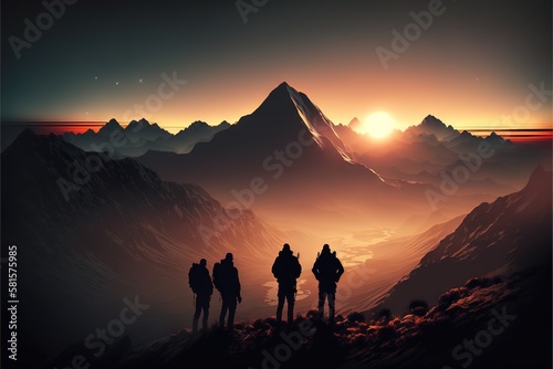  Teamwork and Adventure: Group of People Hiking Together in the Mountains. Mountain Hike. Hiking. Background or wallpaper. Generative AI. © Matyfiz