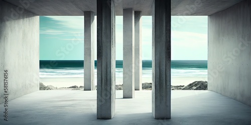 Abstract Large, Empty, Modern Concrete Room With Row Of Sloped Pillars, Divider Wall, Rough Floor And View To The Outside With Ocean And Sky Background On The Left. Generative AI