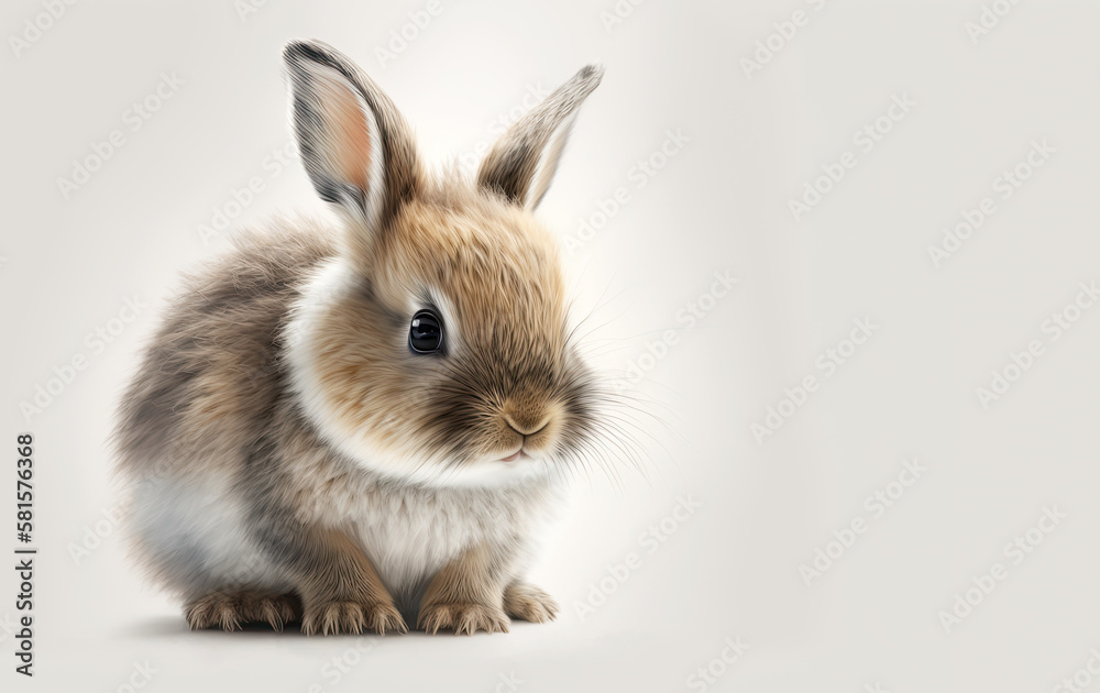 Adorable fluffy baby bunny on a pale neutral background with space for text. Generative AI.