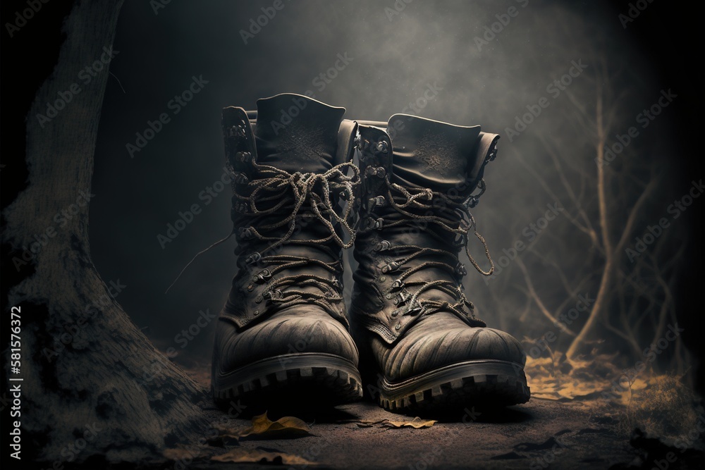 Footwear for the Great Outdoors: A Captivating image of Hiking Boots Perfectly Suited for the Challenges of Mountain Terrain. Mountain Hike. Hiking. Background or wallpaper. Generative AI. Footwear for the Great Outdoors: A Captivating image of Hiking Boots Perfectly Suited for the Challenges of Mountain Terrain. Mountain Hike. Hiking. Background or wallpaper. Generative AI.