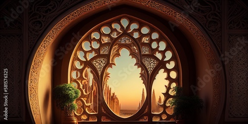 Eastern Architectural Window, Arabic Palace Interior. Generative AI