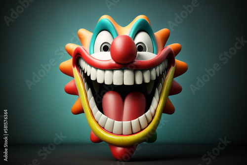 Head with a creepy smile of a wacky colorful clown on a solid flat background. AI generated. April fool's day.