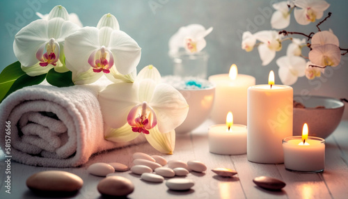 skin care spa set  decoration  candle and towels  oil bottle and green leaves and blossoms. Generative AI 