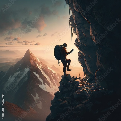 Conquering the Peaks: Inspiring Photo of a Hiker Pushing Through the Challenge of a Mountain Hike. Hiking. Background or wallpaper. Generative AI. © Matyfiz