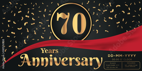 70th years anniversary celebration logo on dark background with golden numbers and golden abstract confetti vector design 