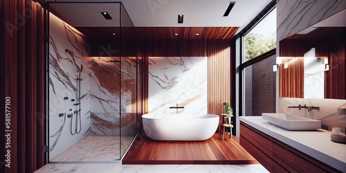 Magnificent Modern Bathroom With Bath And Shower In Wood And Marble. Generative AI photo