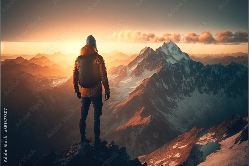 Conquering the Peaks: Inspiring Photo of a Hiker Pushing Through the Challenge of a Mountain Hike. Hiking. Background or wallpaper. Generative AI.