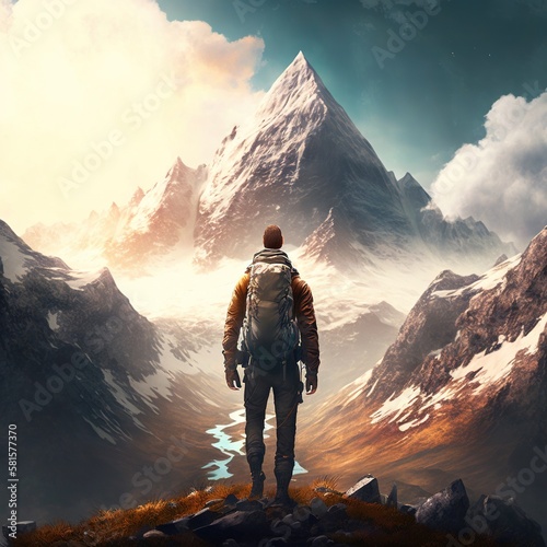 Conquering the Peaks: Inspiring Photo of a Hiker Pushing Through the Challenge of a Mountain Hike. Hiking. Background or wallpaper. Generative AI.