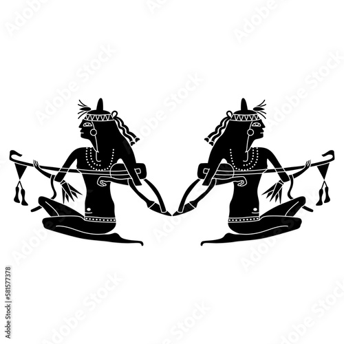 Symmetrical ethnic design with two ancient Egyptian girls playing lutes. Black and white silhouette. Isolated vector illustration. 
