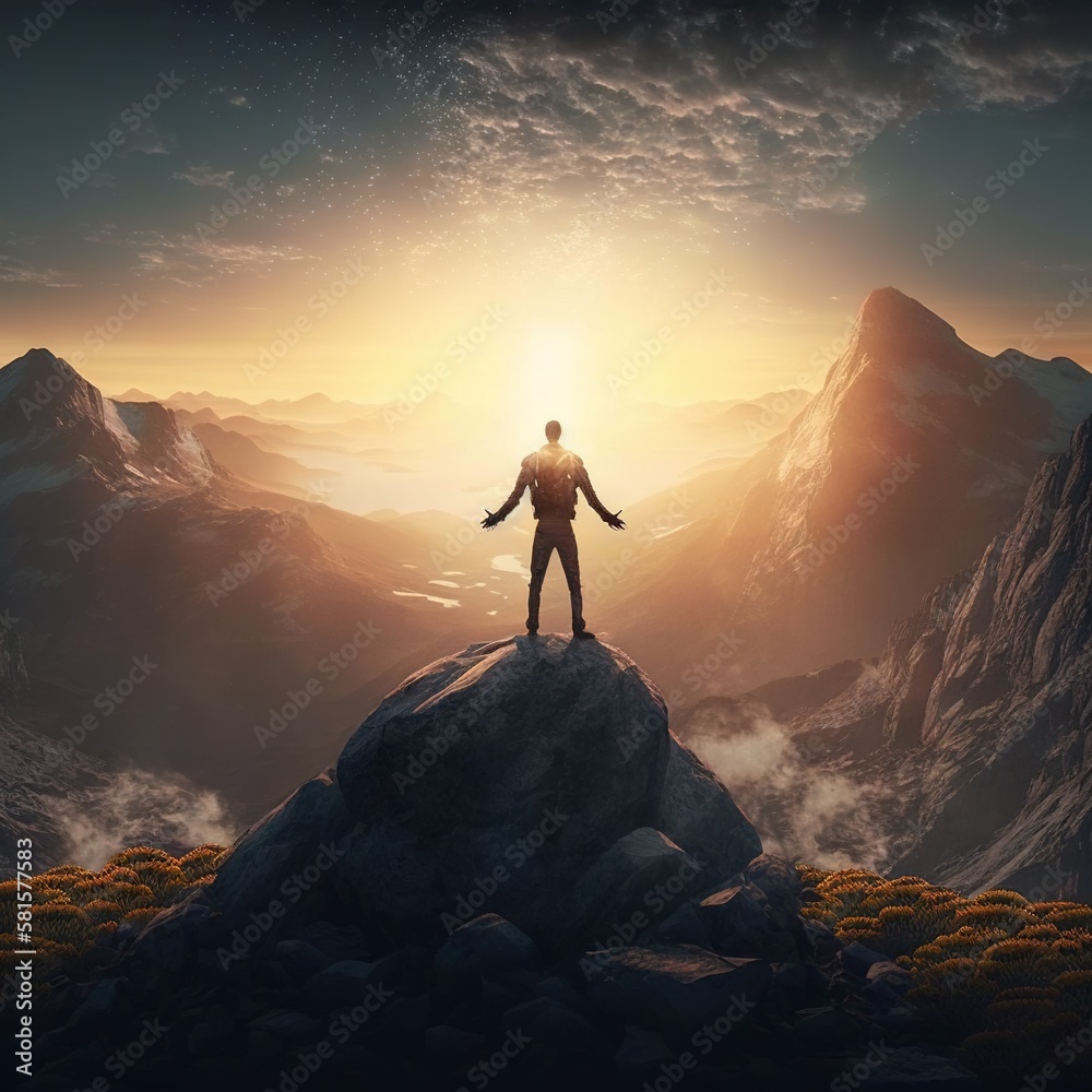 Conquering the Peaks: Inspiring Photo of a Hiker Pushing Through the Challenge of a Mountain Hike. Hiking. Background or wallpaper. Generative AI. Conquering the Peaks: Inspiring Photo of a Hiker Pushing Through the Challenge of a Mountain Hike. Hiking. Background or wallpaper. Generative AI.