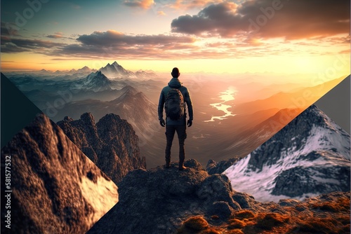 Conquering the Peaks: Inspiring Photo of a Hiker Pushing Through the Challenge of a Mountain Hike. Hiking. Background or wallpaper. Generative AI. © Matyfiz