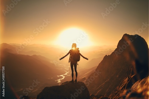 Conquering the Peaks  Inspiring Photo of a Hiker Pushing Through the Challenge of a Mountain Hike. Hiking. Background or wallpaper. Generative AI.