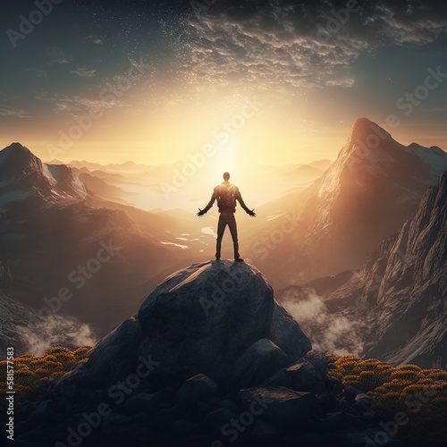 Conquering the Peaks: Inspiring Photo of a Hiker Pushing Through the Challenge of a Mountain Hike. Hiking. Background or wallpaper. Generative AI.