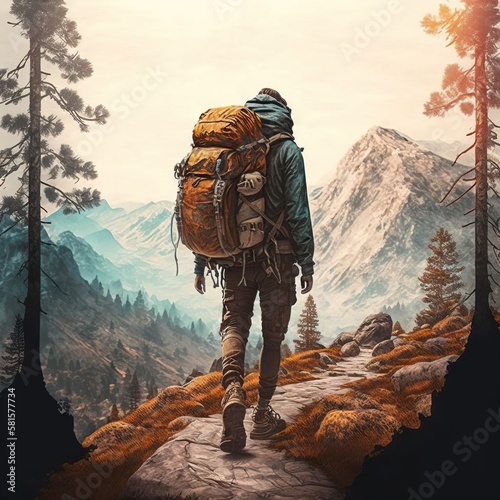 Conquering the Peaks: Inspiring Photo of a Hiker Pushing Through the Challenge of a Mountain Hike. Hiking. Background or wallpaper. Generative AI.