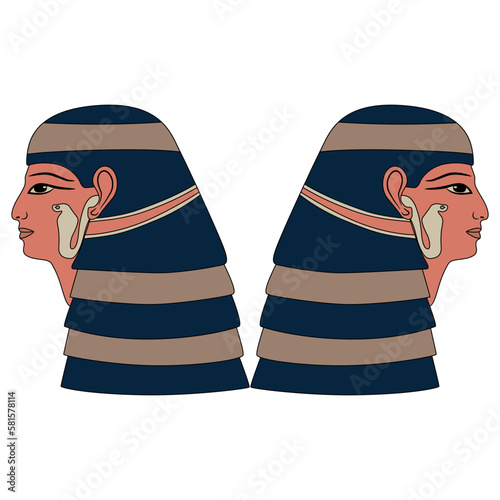 Symmetrical design with two ancient Egyptian female heads in profile. Pharaoh women wearing wigs. Isolated vector illustration.