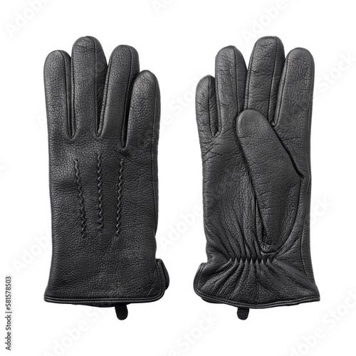 A pair of men's winter black leather gloves close-up lie next to each other. Front and back side. Isolated on a transparent background.