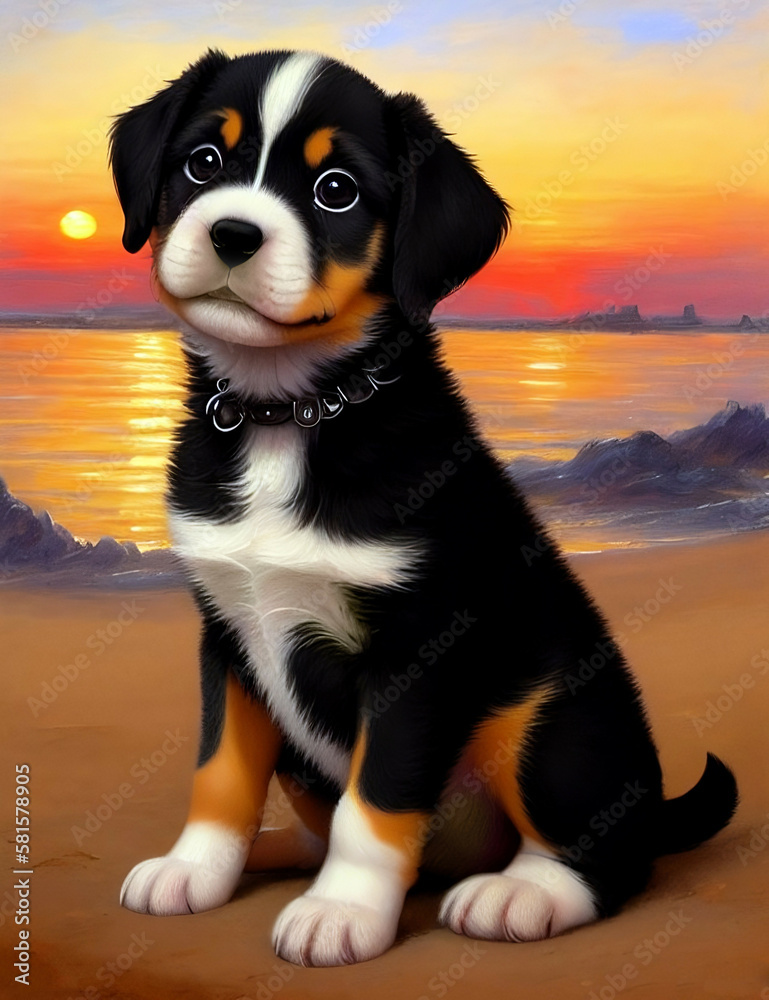 Cute puppy portrait in sunrise sunset,  new quality creative animal stock image illustration design, Generative AI