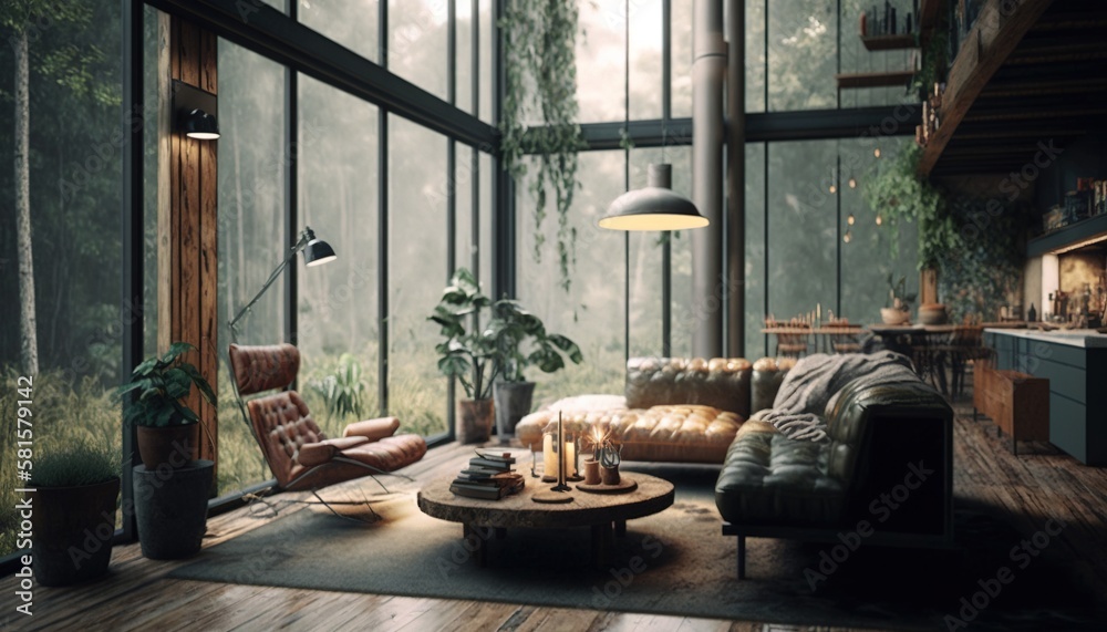 a relaxing, calming vintage retro living room in the forest with plants and wood. Generative AI