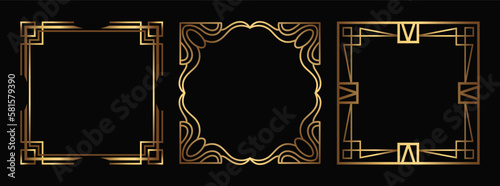 Art Deco vector square Social Media templates. Isolated linear fancy gold frames on black