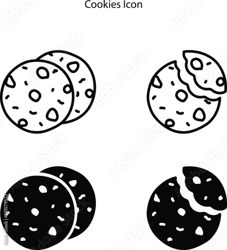 chocolate chip cookies icon of chocolate cake on white background for ui design, logo, apps. Simple cookie icon vector illustration. Bitten cookies silhouette or logo.